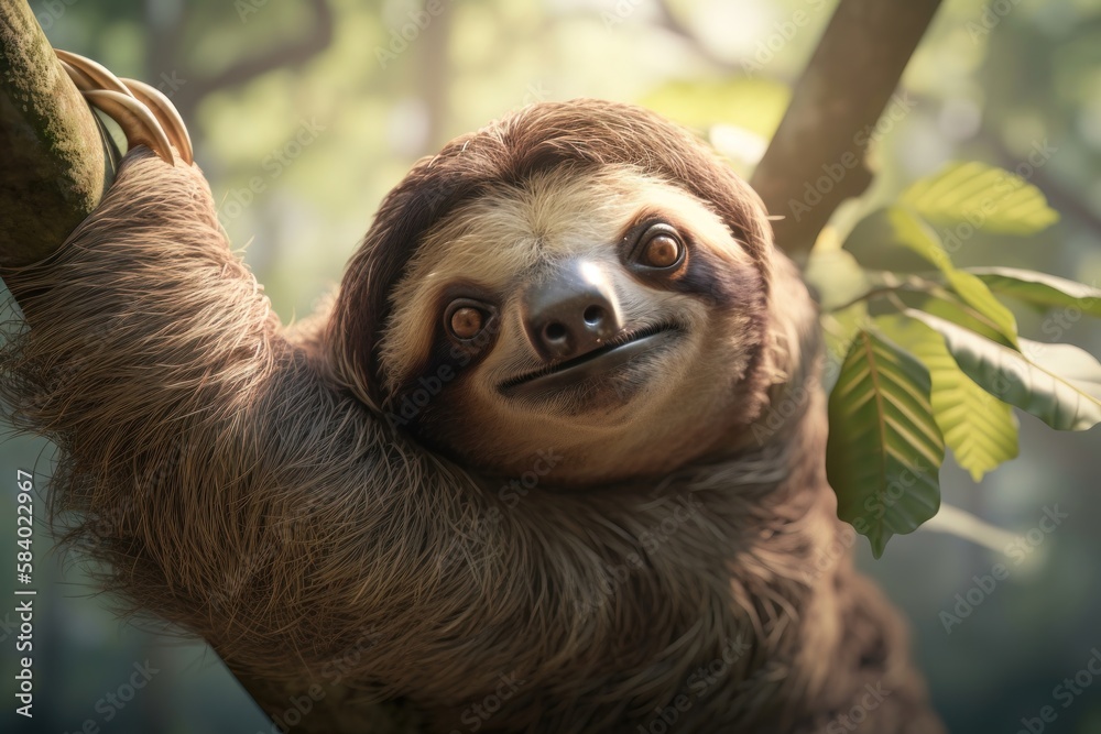 Funny Sloth Hanging on Tree Branch Wild Animal Portrait. AI generated Funny Sloth Hanging on Tree Branch Wild Animal Portrait. AI generated