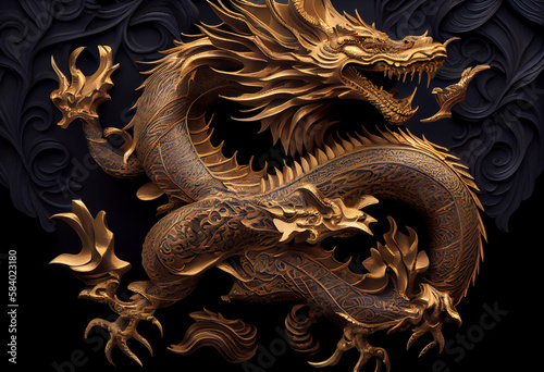 dragon gold carving on the dark background. Generate Ai.