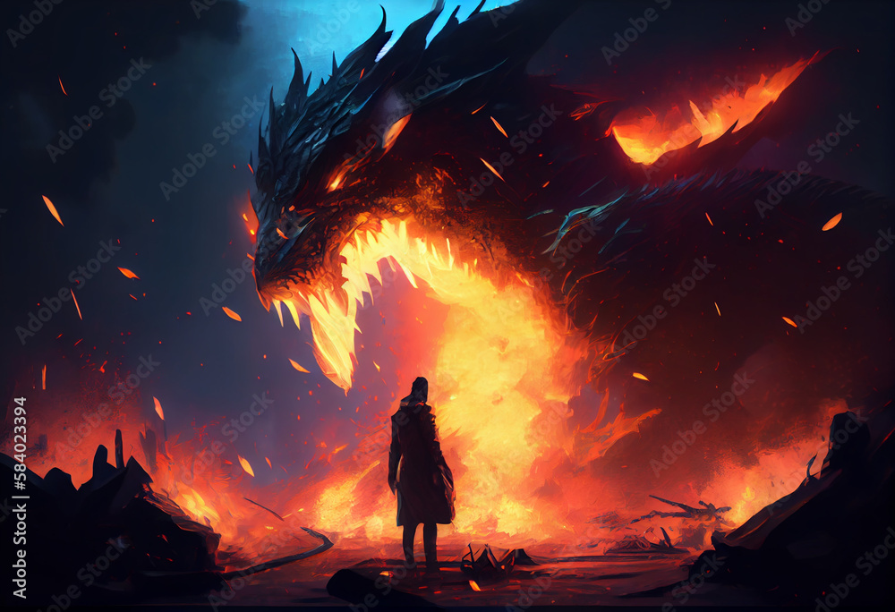 Fire breathes explode from a giant dragon in a black night, the epic battle evil concept. Generate Ai.