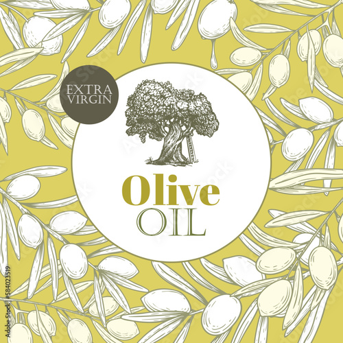 Olive oil banner design template. Sketch style olive branches and extra virgin vector label with olive tree on light background. Vector illustration.