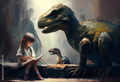 Dinosaurs sitting with a little girl. Generate Ai.