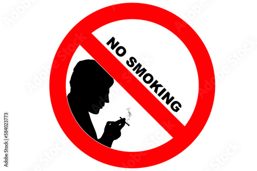 Prohibiting sign with the inscription no smoking and the image of a silhouette of a man with a smoking cigarette in his hand on white isolated background