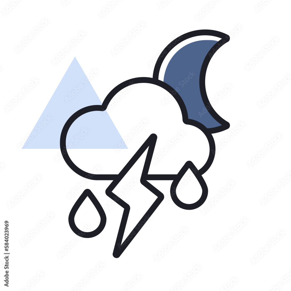 Moon cloud with rain and lightning vector icon Moon cloud with rain and lightning vector icon