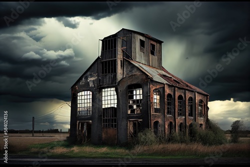 haunting industrial ruin, with broken windows and rusty metal, against stormy sky, created with generative ai photo