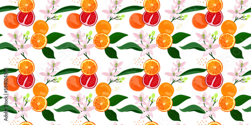 Seamless pattern orange fruit with flowers and leaves on white background. Grapefruit and orange vector illustration. Healthy food. Fruits, flowers and leaves.