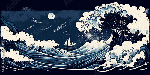 Rough sea Japanese style background. AI generated illustration