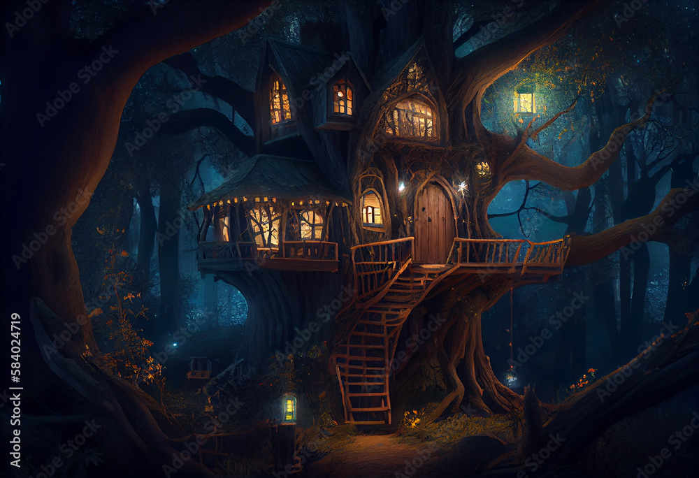 Obraz premium magical fantasy fairy tale scenery of tree house at night in a forest. Generate Ai.