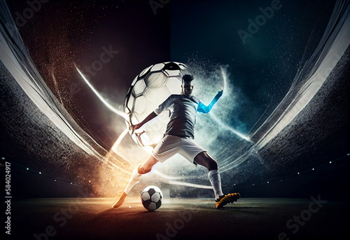 Professional football or soccer player in action on stadium with flashlights, kicking ball for winning goal, wide angle. Concept of sport, competition, motion, overcoming . Generate Ai. © AI_images