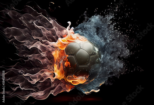 Soccer ball in fire and water. Illustration of the soccer ball enveloped in elements on black background. High resolution soccer ball in fire and water image for a soccer game poster . Generate Ai.