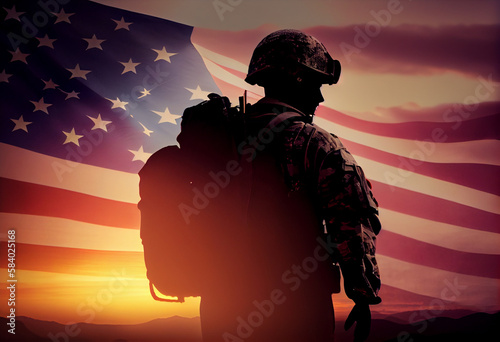 USA army soldiers saluting on a background of sunset or sunrise and USA flag. Generate Ai.