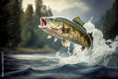 bass fish jumping out of river water. Generative AI, Generative, AI photo
