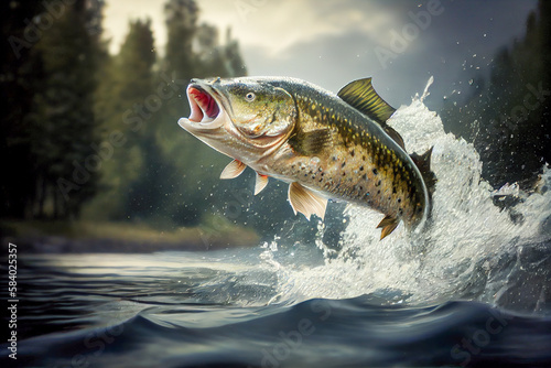bass fish jumping out of river water. Generative AI, Generative, AI