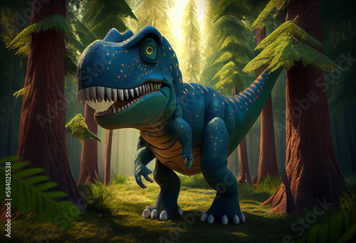 Tyrannosaurus. T. rex dinosaur cartoon character in the forest. Funny animal . Generate Ai. © AI_images
