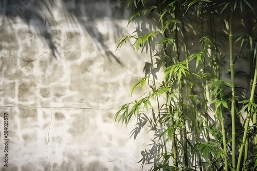 eroded white stone concrete wall, bamboo tree leaf shadow, decoration material background. Generative AI