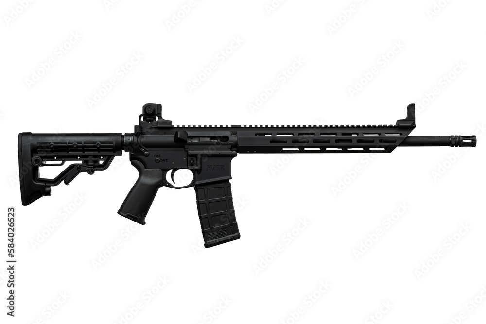 Modern automatic rifle isolated on white. Weapons for police, special forces and the army. Automatic carbine with mechanical sights. Modern automatic rifle isolated on white. Weapons for police, special forces and the army. Automatic carbine with mechanical sights.