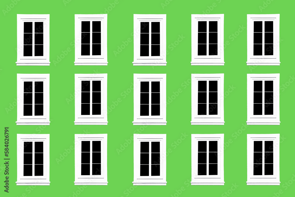 PVC Windows. Architecture background. Vibrant color red wall facade. Small town house exterior. Street of European city building. Window frames isolated on empty wall. Simple windows in a row.