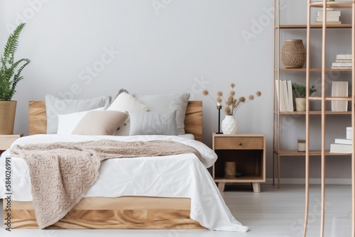 interior of a bedroom with a bed and flowers