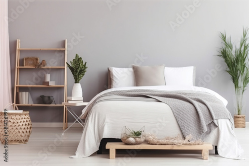 interior of a bedroom with a bed and flowers