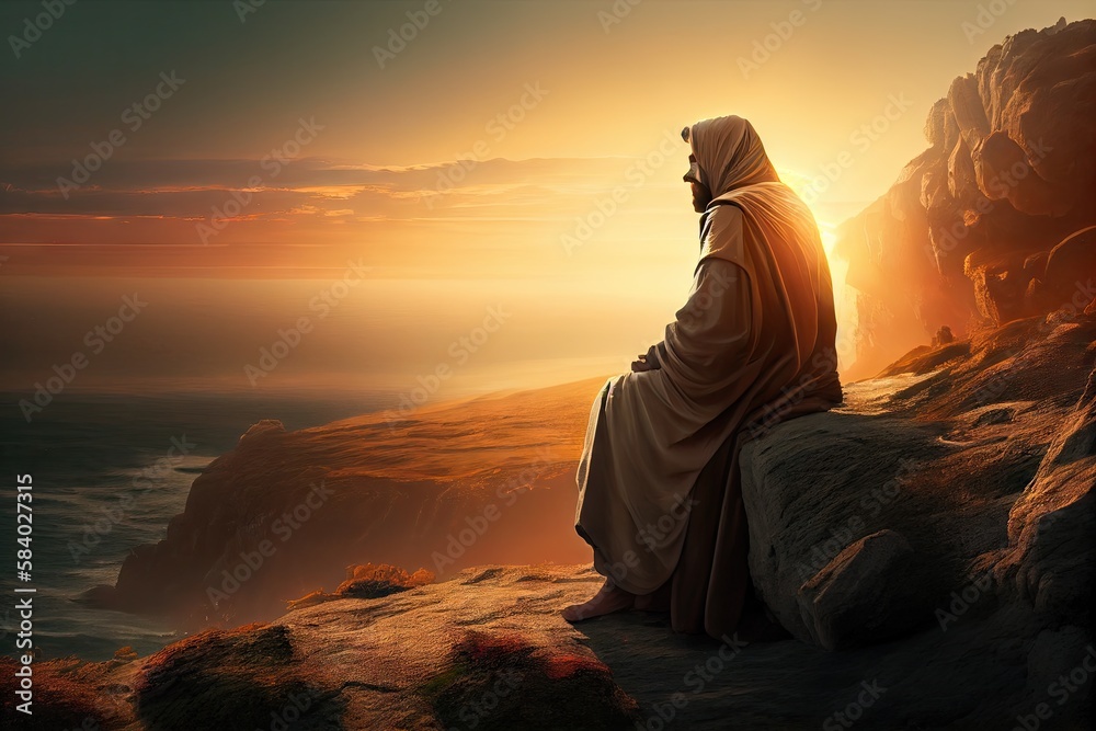jesus, sitting on cliff with breathtaking view of the sea and the sun ...