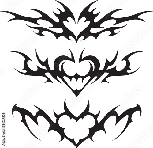 Neo tribal y2k tattoo with heart shape. Cyber sigilism style hand drawn ornaments. Vector illustration of black gothic tribal tattoo designs
