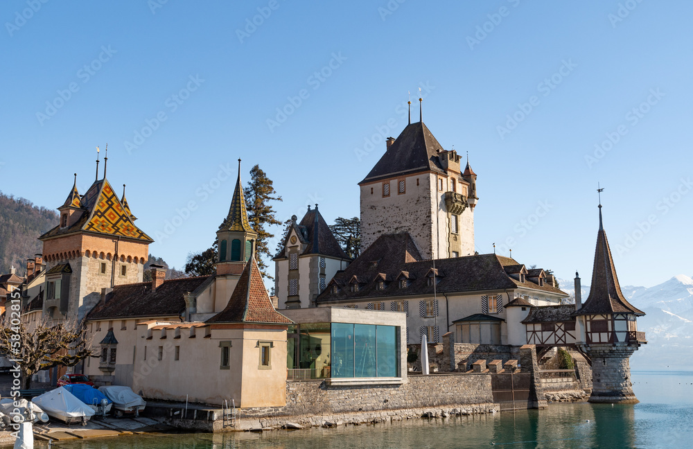 Majestic castle Oberhofen at the lake of Thun in Switzerland