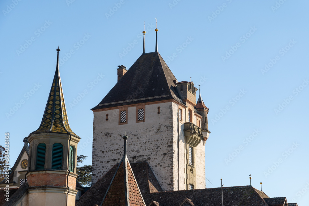 Majestic castle Oberhofen at the lake of Thun in Switzerland