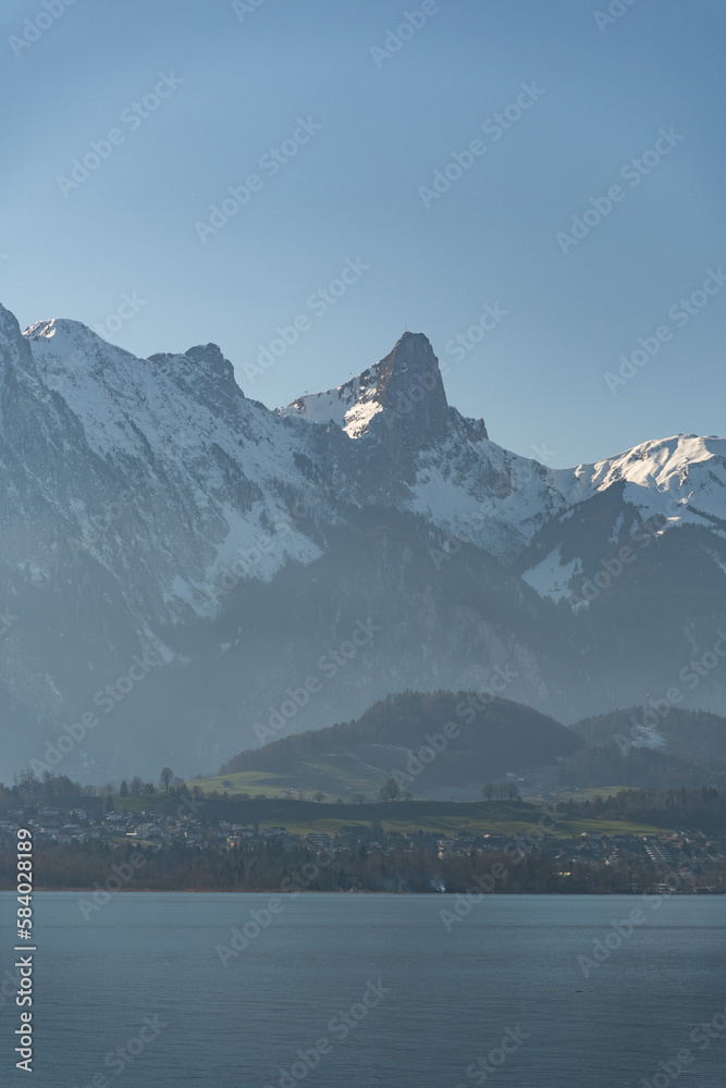 View over the lake of Thun from Oberhofen in Switzerland