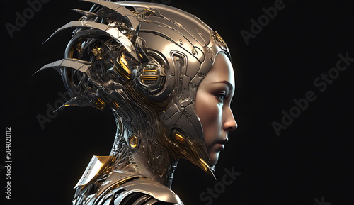 head of a female robot isloated ,black backdrop-AI Generative 