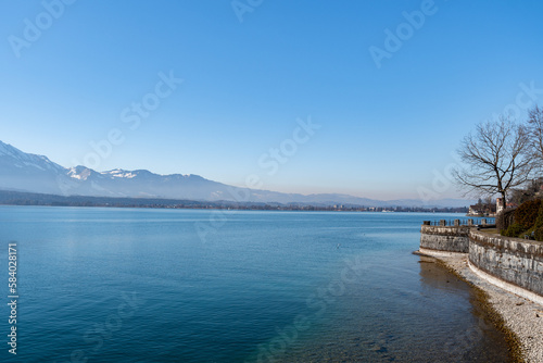 View over the lake of Thun from Oberhofen in Switzerland