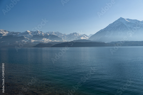 View over the lake of Thun from Oberhofen in Switzerland