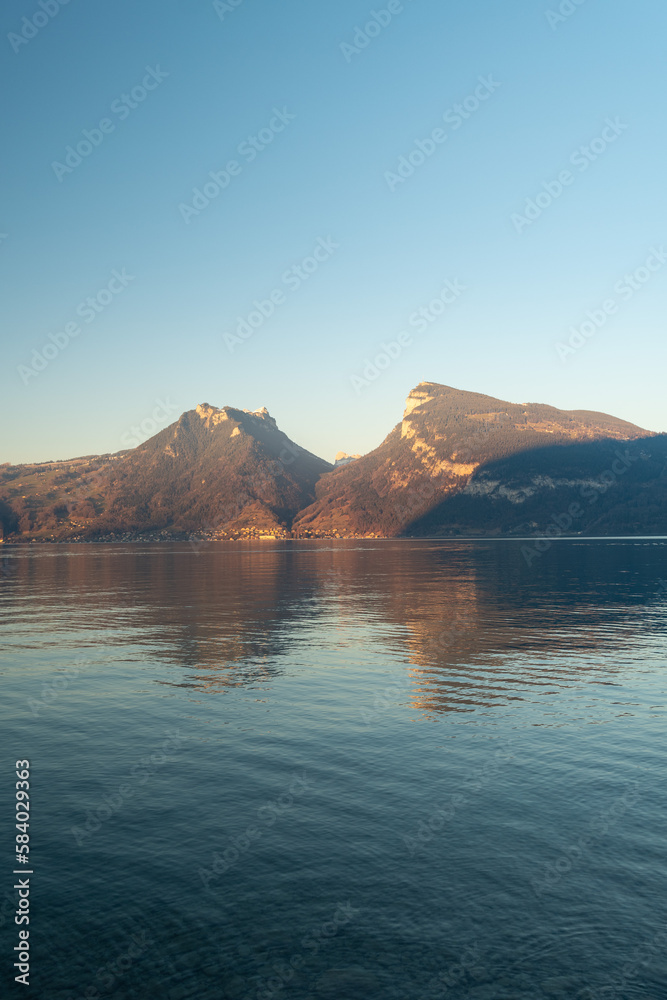 Later afternoon at the coast of the lake of Thun in the Krattigen area in Switzerland