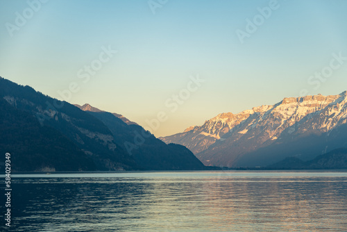 Later afternoon at the coast of the lake of Thun in the Krattigen area in Switzerland
