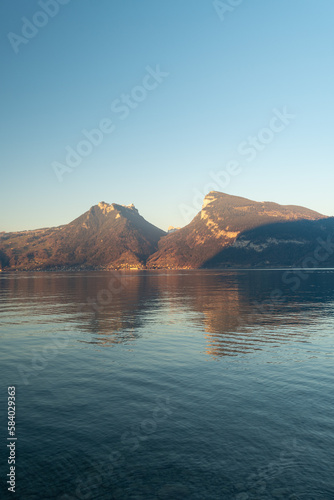 Later afternoon at the coast of the lake of Thun in the Krattigen area in Switzerland