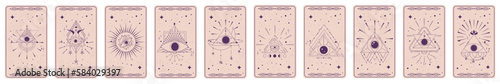Tarot card set with mystic eye pyramid isolated. Boho esoteric tarot card with eye and star. Vector illustration. Sacred geometry celestial triangle