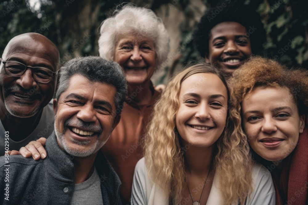 Group of multigenerational people smiling in front of camera, Multiracial friends od different ages having fun together caucasian senior faces,generative ai. Group of multigenerational people smiling in front of camera, Multiracial friends od different ages having fun together caucasian senior faces,generative ai.