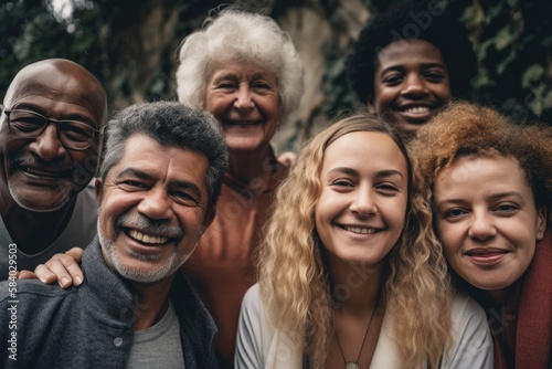 Group of multigenerational people smiling in front of camera, Multiracial friends od different ages having fun together caucasian senior faces,generative ai. © Nokhoog