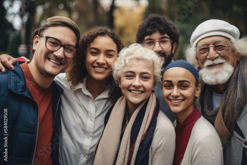 Group of multigenerational people smiling in front of camera  Multiracial friends od different ages having fun together caucasian senior faces generative ai.
