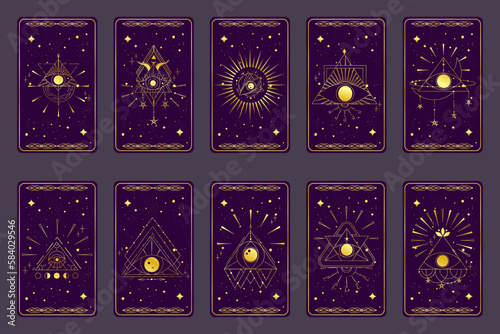 Tarot card gold set with mystic eye pyramid isolated. Boho esoteric tarot card with eye and star. Vector illustration. Sacred geometry celestial triangle