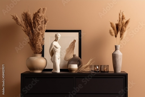 still life with a candle and a book and plants in front of a wall