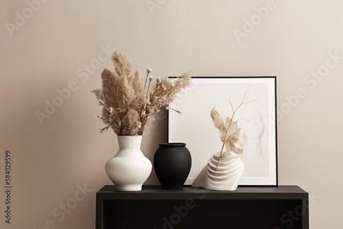 still life with a candle and a book and plants in front of a wall