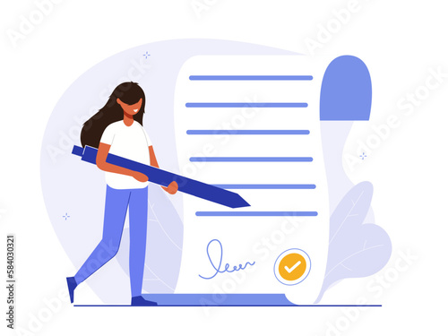 Contract illustration . Character gets acquainted with the legal document, electronic contract or agreement online. Person reads and signs the terms of the contract. Flat vector illustration.
