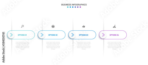 Timeline infographic with infochart. Modern presentation template with 4 spets for business process. Website template on white background for concept modern design. Horizontal layout.