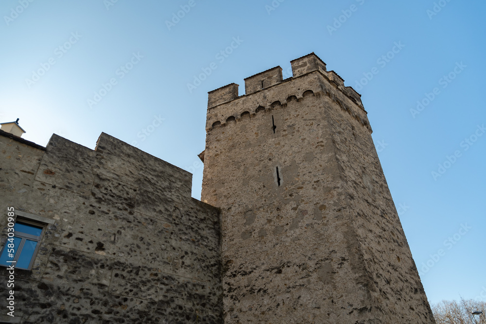 City wall with a tower in the center of Thun in Switzerland