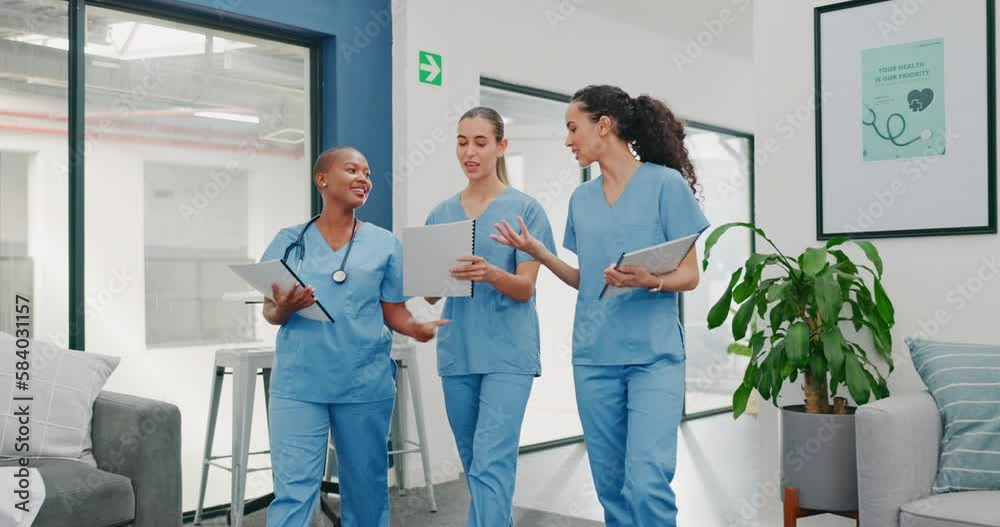 Talking nurses, walking and documents in hospital teamwork, diversity collaboration on surgery or clinic break. Smile, happy and healthcare women with medical students research, paper or funny joke