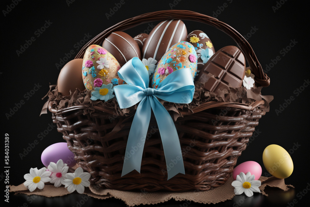 A basket of chocolates and easter eggs with a bow. Generate ai
