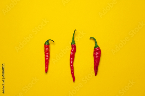 Calabrian red hot chilli peppers on a yellow background. Cool minimal flat lay, copy space photo