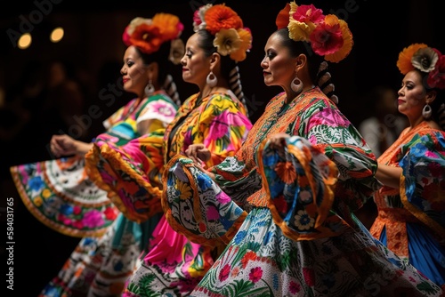 Hispanic women wearing traditional costumes and dancing. Dark background. Generative AI illustration