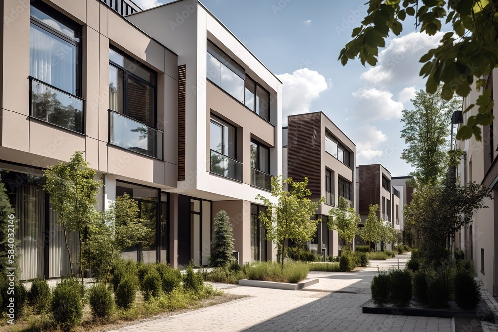 Residential building in modern suburban area. Generative AI illustration Residential building in modern suburban area. Generative AI illustration