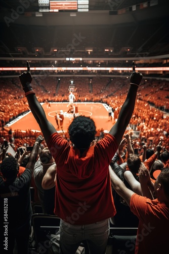 Back view of basketball fan cheering team at stadium. Generative AI vertical illustration
