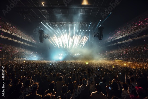 Crowd of people having fun in mega concert in stadium. Generative AI illustration